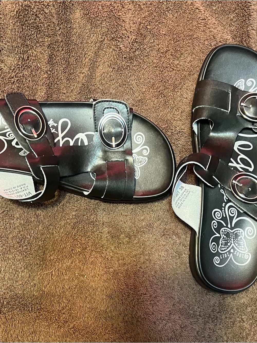 Alegria Black Leather Slide Sandals with Silver Buckles